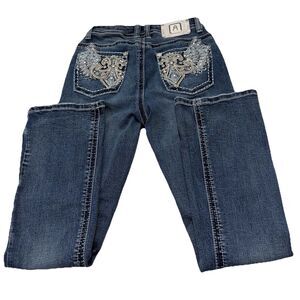 Y2K Rhinestone Bootcut Jeans Women 30x30 Miss Me Style Flap Pocket Thick Stitch